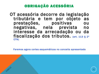 OBRIGAÇÃO ACESSÓRIA

          OT acessória decorre da legislação
           tributária e tem por objeto as
           prestações,      positivas           ou
           negativas, nela prevista no
           interesse da arrecadação ou da
           fiscalização dos tributos. (art. 113 § 2º
                   CTN)



                   Faremos agora cortes esquemáticos no conceito apresentado




              13
         3/                                                                    12
    3 /0
1
 