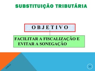 SUBSTITUIÇÃO TRIBUTÁRIA



                         OBJETIVO

                   FACILITAR A FISCALIZAÇÃO E
                    EVITAR A SONEGAÇÃO



              13
         3/                                     35
    3 /0
1
 