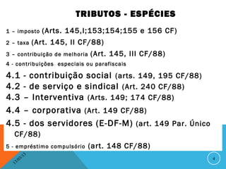 TRIBUTOS - ESPÉCIES
1 – imposto            (Arts. 145,I;153;154;155 e 156 CF)
2 – taxa             (Art. 145, II CF/88)
3 – contribuição de melhoria         (Art. 145, III CF/88)
4 - contribuições especiais ou parafiscais

4.1             - contribuição social (arts. 149, 195 CF/88)
4.2             - de serviço e sindical (Art. 240 CF/88)
4.3             – Interventiva (Arts. 149; 174 CF/88)
4.4             – corporativa (Art. 149 CF/88)
4.5             - dos servidores (E-DF-M) (art. 149 Par. Único
  CF/88)
5 - empréstimo compulsório          (art. 148 CF/88)
                13
           3/                                                    4
      3 /0
  1
 