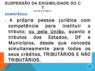 SUSPENSÃO DA EXIGIBILIDADE DO C
              T
                   MORATÓRIA
COMPETÊNCIA

*        A própria pessoa jurídica com
        competência para instituir o
        tributo; ou pela União, quanto a
        tributos dos Estados, DF e
        Municípios, desde que conceda
        simultaneamente para todos os
        seus créditos, TRIBUTÁRIOS E NÃO
        TRIBUTÁRIOS.
              13
         3/                            62
    3 /0
1
 