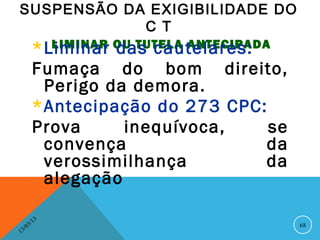 SUSPENSÃO DA EXIGIBILIDADE DO
            C T
          *Liminar OU TUTELA ANTECIPADA
            LIMINAR das cautelares:

          Fumaça do bom direito,
           Perigo da demora.
          *Antecipação do 273 CPC:
          Prova      inequívoca,       se
           convença                    da
           verossimilhança             da
           alegação

              13
         3/                                 68
    3 /0
1
 