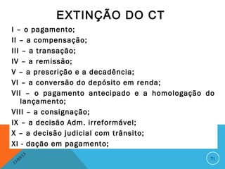 EXTINÇÃO DO CT
I – o pagamento;
II – a compensação;
III – a transação;
IV – a remissão;
V – a prescrição e a decadência;
VI – a conversão do depósito em renda;
VII – o pagamento antecipado e a homologação do
   lançamento;
VIII – a consignação;
IX – a decisão Adm. irreformável;
X – a decisão judicial com trânsito;
XI - dação em pagamento;
              13
         3/                                   71
    3 /0
1
 