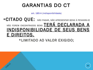 GARANTIAS DO CT
                          art. 185-A (indisponibilidade)


* CITADO              QUE:     NÃO PAGAR, NÃO APRESENTAR BENS À PENHORA E

                   TERÁ DECLARADA A
     NÃO FOREM ENCONTRADOS BENS

     INDISPONIBILIDADE DE SEUS BENS
     E DIREITOS.
                    *LIMITADO AO VALOR EXIGIDO;




               13
          3/                                                           89
     3 /0
 1
 