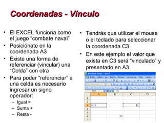 Coordenadas - Vínculo

• El EXCEL funciona como       • Tendrás que utilizar el mouse
  el juego “combate naval”       o el teclado para seleccionar
• Posiciónate en la              la coordenada C3
  coordenada A3                • En este ejemplo el valor que
• Existe una forma de            exista en C3 será “vinculado” y
  referenciar (vincular) una     presentado en A3
  “Celda” con otra
• Para poder “referenciar” a
  una celda es necesario
  ingresar un signo
  operador:
   – Igual =
   – Suma +
   – Resta -
 