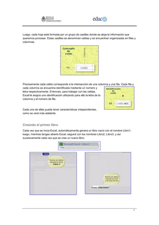Luego, cada hoja está formada por un grupo de casillas donde se aloja la información que
queremos procesar. Estas casillas se denominan celdas y se encuentran organizadas en filas y
columnas.




Precisamente cada celda corresponde a la intersección de una columna y una fila. Cada fila y
cada columna se encuentra identificada mediante un número y
letra respectivamente. Entonces, para trabajar con las celdas,
Excel le asigna una identificación utilizando para ello la letra de la
columna y el número de fila.


Cada una de ellas puede tener características independientes,
como se verá más adelante.



Creando el primer libro
Cada vez que se inicia Excel, automáticamente genera un libro vacío con el nombre Libro1;
luego, mientras tengas abierto Excel, seguirá con los nombres Libro2, Libro3, y así
sucesivamente cada vez que se cree un nuevo libro.




                                                                                            4
 