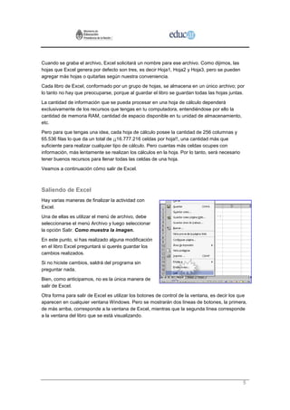 Cuando se graba el archivo, Excel solicitará un nombre para ese archivo. Como dijimos, las
hojas que Excel genera por defecto son tres, es decir Hoja1, Hoja2 y Hoja3, pero se pueden
agregar más hojas o quitarlas según nuestra conveniencia.
Cada libro de Excel, conformado por un grupo de hojas, se almacena en un único archivo; por
lo tanto no hay que preocuparse, porque al guardar el libro se guardan todas las hojas juntas.
La cantidad de información que se pueda procesar en una hoja de cálculo dependerá
exclusivamente de los recursos que tengas en tu computadora, entendiéndose por ello la
cantidad de memoria RAM, cantidad de espacio disponible en tu unidad de almacenamiento,
etc.
Pero para que tengas una idea, cada hoja de cálculo posee la cantidad de 256 columnas y
65.536 filas lo que da un total de ¡¡16.777.216 celdas por hoja!!, una cantidad más que
suficiente para realizar cualquier tipo de cálculo. Pero cuantas más celdas ocupes con
información, más lentamente se realizan los cálculos en la hoja. Por lo tanto, será necesario
tener buenos recursos para llenar todas las celdas de una hoja.
Veamos a continuación cómo salir de Excel.



Saliendo de Excel
Hay varias maneras de finalizar la actividad con
Excel.
Una de ellas es utilizar el menú de archivo, debe
seleccionarse el menú Archivo y luego seleccionar
la opción Salir. Como muestra la imagen.
En este punto, si has realizado alguna modificación
en el libro Excel preguntará si querés guardar los
cambios realizados.
Si no hiciste cambios, saldrá del programa sin
preguntar nada.
Bien, como anticipamos, no es la única manera de
salir de Excel.
Otra forma para salir de Excel es utilizar los botones de control de la ventana, es decir los que
aparecen en cualquier ventana Windows. Pero se mostrarán dos líneas de botones, la primera,
de más arriba, corresponde a la ventana de Excel, mientras que la segunda línea corresponde
a la ventana del libro que se está visualizando.




                                                                                                5
 