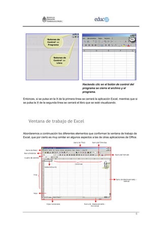 Haciendo clic en el botón de control del
                                                  programa se cierra el archivo y el
                                                  programa.

Entonces, si se pulsa en la X de la primera línea se cerrará la aplicación Excel, mientras que si
se pulsa la X de la segunda línea se cerrará el libro que se esté visualizando.




    Ventana de trabajo de Excel

Abordaremos a continuación los diferentes elementos que conforman la ventana de trabajo de
Excel, que por cierto es muy similar en algunos aspectos a las de otras aplicaciones de Office.




                                                                                               6
 