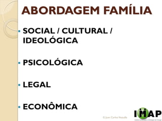 ABORDAGEM FAMÍLIA


SOCIAL / CULTURAL /
IDEOLÓGICA



PSICOLÓGICA



LEGAL



ECONÔMICA
© Juan Carlos Vezzulla

 