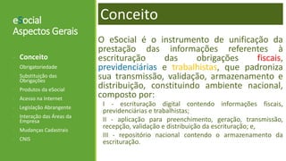 eSocial
Aspectos Gerais
O eSocial é o instrumento de unificação da
prestação das informações referentes à
escrituração das obrigações fiscais,
previdenciárias e trabalhistas, que padroniza
sua transmissão, validação, armazenamento e
distribuição, constituindo ambiente nacional,
composto por:
I - escrituração digital contendo informações fiscais,
previdenciárias e trabalhistas;
II - aplicação para preenchimento, geração, transmissão,
recepção, validação e distribuição da escrituração; e,
III - repositório nacional contendo o armazenamento da
escrituração.
- Conceito
- Obrigatoriedade
- Substituição das
Obrigações
- Produtos da eSocial
- Acesso na Internet
- Legislação Abrangente
- Interação das Áreas da
Empresa
- Mudanças Cadastrais
- CNIS
Conceito
 