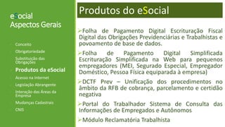eSocial
Aspectos Gerais
Folha de Pagamento Digital Escrituração Fiscal
Digital das Obrigações Previdenciárias e Trabalhistas e
povoamento de base de dados.
Folha de Pagamento Digital Simplificada
Escrituração Simplificada na Web para pequenos
empregadores (MEI, Segurado Especial, Empregador
Doméstico, Pessoa Física equiparada à empresa)
DCTF Prev – Unificação dos procedimentos no
âmbito da RFB de cobrança, parcelamento e certidão
negativa
Portal do Trabalhador Sistema de Consulta das
Informações de Empregados e Autônomos
Módulo Reclamatória Trabalhista
- Conceito
- Obrigatoriedade
- Substituição das
Obrigações
- Produtos da eSocial
- Acesso na Internet
- Legislação Abrangente
- Interação das Áreas da
Empresa
- Mudanças Cadastrais
- CNIS
Produtos do eSocial
 