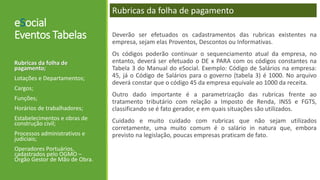 eSocial
Eventos Tabelas
Rubricas da folha de
pagamento;
Lotações e Departamentos;
Cargos;
Funções;
Horários de trabalhadores;
Estabelecimentos e obras de
construção civil;
Processos administrativos e
judiciais;
Operadores Portuários,
cadastrados pelo OGMO –
Órgão Gestor de Mão de Obra.
Rubricas da folha de pagamento
Deverão ser efetuados os cadastramentos das rubricas existentes na
empresa, sejam elas Proventos, Descontos ou Informativas.
Os códigos poderão continuar o sequenciamento atual da empresa, no
entanto, deverá ser efetuado o DE x PARA com os códigos constantes na
Tabela 3 do Manual do eSocial. Exemplo: Código de Salários na empresa:
45, já o Código de Salários para o governo (tabela 3) é 1000. No arquivo
deverá constar que o código 45 da empresa equivale ao 1000 da receita.
Outro dado importante é a parametrização das rubricas frente ao
tratamento tributário com relação a Imposto de Renda, INSS e FGTS,
classificando se é fato gerador, e em quais situações são utilizados.
Cuidado e muito cuidado com rubricas que não sejam utilizados
corretamente, uma muito comum é o salário in natura que, embora
previsto na legislação, poucas empresas praticam de fato.
 