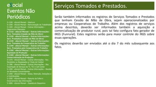 eSocial
Eventos Não
Periódicos
S-1100 - eSocial Mensal – Abertura
S-1200 - eSocial Mensal – Remuneração do Trabalhador
S-1300 - eSocial Mensal – Outras Informações –
Pagamentos Efetuados
S-1310 - eSocial Mensal – Outras Informações -
Serv. Tomados (Cessão de Mão de Obra)
S-1320 - eSocial Mensal – Outras Informações -
Serv. Prestados (Cessão de Mão de Obra)
S-1330 - eSocial Mensal – Outras Informações -
Serv. Tomados de Cooperativa de Trabalho
S-1340 - eSocial Mensal – Outras Informações -
Serv. Prestados pela Cooperativa de Trabalho
S-1350 - eSocial Mensal – Outras Informações -
Aquisição de Produção
S-1360 - eSocial Mensal – Outras Informações -
Comercialização da Produção
S-1370 - eSocial Mensal – Outras Informações - Rec.
Recebidos ou Repassados p/ Clube de Futebol
S-1380 - eSocial Mensal – Outras Informações – Rec.
Exportação de Serviços de TI, TIC e Call Center
S-1390 - eSocial Mensal – Outras Informações – Receita
de Atividades Concomitantes
S-1400 - eSocial Mensal – Bases, Retenção, Deduções e
e Contribuições
S-1500 - eSocial Mensal – Resumo da Folha e
Encerramento das Informações
S-1800 - eSocial Mensal – Espetáculo Desportivo
Serviços Tomados e Prestados.
Serão também informados os registros de Serviços Tomados e Prestados
que tenham Cessão de Mão de Obra, sejam operacionalizados por
empresas ou Cooperativas de Trabalho. Além dos registros de serviços
acima descritos, deverão ser informados também a aquisição e
comercialização de produtor rural, pois tal fato configura fato gerador de
INSS (Funrural). Estes registros serão para maior controle do INSS sobre
essas operações.
Os registros deverão ser enviados até o dia 7 do mês subsequente aos
fatos.
 