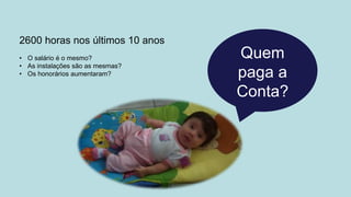 Quem
paga a
Conta?
2600 horas nos últimos 10 anos
• O salário é o mesmo?
• As instalações são as mesmas?
• Os honorários aumentaram?
 