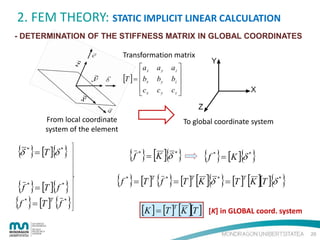2. FEM THEORY: STATIC IMPLICIT LINEAR CALCULATION
- DETERMINATION OF THE STIFFNESS MATRIX IN GLOBAL COORDINATES
Transformation matrix
a x
[T ] = bx

 cx


az 

bz 
cz 


ay
by
cy

From local coordinate
system of the element

To global coordinate system

{δ }= [T ]{δ }
*

{f }= [T ]{f }
{f }= [T ] {f }
*

*

{f }= [K ]{δ }

*

*

T

*

*

{f }= [K ]{δ }

*

*

*

{f }= [T ] {f }= [T ] [K ]{δ }= [T ] [K ][T ]{δ }
*

T

*

T

[K ] = [T ]T [K ][T ]

*

T

*

[K] in GLOBAL coord. system
20

 