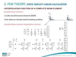 2. FEM THEORY: STATIC IMPLICIT LINEAR CALCULATION
- INTERPOLATION FUNCTION OF A COMPLETE BEAM ELEMENT
Complete Beam element:

y

- 2 node one-dimensional element (6DOF)

v1

- Only allows to calculate behind loading condition
Complete Beam element interpolation function:

u  N1
  
v  =  0
ϑ  
 
0



 x
1 − l
u  
  
v  = 0
ϑ  
  
 0


0
N3
dN3
dx

0
2

x
x
1 − 3  + 2 
l
l
x
x2
−6 2 +6
l
l

0
N4
dN4
dx

N2
0
0

0
3

x2 x3
x −2 + 2
l
l
x
x2
1−4 +3 3
l
l

v2
ϑ1

ϑ2 u
2

u1

x

z

u1 
 v1 
0  
 
ϑ1 
N6   

dN6  u2 
dx  v2 
 
ϑ2 
 

0
N5
dN5
dx

x
l
0
0

{δ }
T

0
2

x
x
3  − 2 
l
l
x
x2
6 2 −6 3
l
l

u1 
v 
 1
ϑ 
 
=  1
u2 
v2 
 
 
ϑ2 

3

u 
 1 
0
 v1 

x 2 x 3  ϑ1 
 
− + 2  
l
l  u2 
x
x 2  v 
− 2 + 3 2  2 
l
l  ϑ 
 2
26

 
