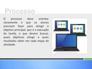 O processo deve orientar
claramente o que os alunos
precisam fazer para atingir o
objetivo principal, que é a execução
da tarefa, o que devem buscar,
quais objetivos atingir e quais
resultados obter em cada etapa da
atividade.
Processo
 