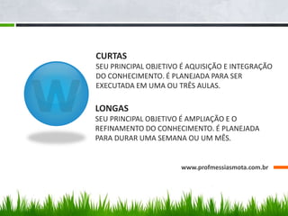 CURTAS
SEU PRINCIPAL OBJETIVO É AQUISIÇÃO E INTEGRAÇÃO
DO CONHECIMENTO. É PLANEJADA PARA SER
EXECUTADA EM UMA OU TRÊS AULAS.
www.profmessiasmota.com.br
LONGAS
SEU PRINCIPAL OBJETIVO É AMPLIAÇÃO E O
REFINAMENTO DO CONHECIMENTO. É PLANEJADA
PARA DURAR UMA SEMANA OU UM MÊS.
 