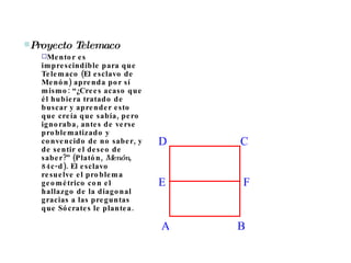 D A B C E F Proyecto Telemaco Mentor es imprescindible para que Telemaco (El esclavo de Menón) aprenda por sí mismo: “¿Crees acaso que él hubiera tratado de buscar y aprender esto que creía que sabía, pero ignoraba, antes de verse problematizado y convencido de no saber, y de sentir el deseo de saber?” (Platón,  Menón , 84c-d). El esclavo resuelve el problema geométrico con el hallazgo de la diagonal gracias a las preguntas que Sócrates le plantea.  