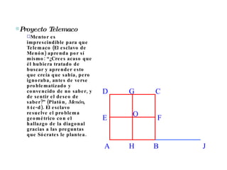 D A B E F J C G O H Proyecto Telemaco Mentor es imprescindible para que Telemaco (El esclavo de Menón) aprenda por sí mismo: “¿Crees acaso que él hubiera tratado de buscar y aprender esto que creía que sabía, pero ignoraba, antes de verse problematizado y convencido de no saber, y de sentir el deseo de saber?” (Platón,  Menón , 84c-d). El esclavo resuelve el problema geométrico con el hallazgo de la diagonal gracias a las preguntas que Sócrates le plantea.  