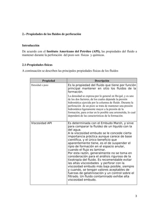 2.- Propiedades de los fluidos de perforación
Introducción
De acuerdo con el Instituto Americano del Petróleo (API), las propiedades del fluido a
mantener durante la perforación del pozo son físicas y químicas.
2.1-Propiedades físicas
A continuación se describen las principales propiedades físicas de los fluidos
Propiedad Descripción
Densidad o peso Es la propiedad del fluido que tiene por función
principal mantener en sitio los fluidos de la
formación.
La densidad se expresa por lo general en lbs/gal, y es uno
de los dos factores, de los cuales depende la presión
hidrostática ejercida por la columna de fluido. Durante la
perforación de un pozo se trata de mantener una presión
hidrostática ligeramente mayor a la presión de la
formación, para evitar en lo posible una arremetida, lo cual
dependerá de las características de la formación.
Viscosidad API Es determinada con el Embudo Marsh, y sirve
para comparar la fluidez de un líquido con la
del agua.
A la viscosidad embudo se le concede cierta
importancia práctica aunque carece de base
científica, y el único beneficio que
aparentemente tiene, es el de suspender el
ripio de formación en el espacio anular,
cuando el flujo es laminar.
Por esta razón, generalmente no se toma en
consideración para el análisis riguroso de la
tixotropía del fluido. Es recomendable evitar
las altas viscosidades y perforar con la
viscosidad embudo más baja posible, siempre
y cuando, se tengan valores aceptables de
fuerzas de gelatinización y un control sobre el
filtrado. Un fluido contaminado exhibe alta
viscosidad embudo.
3
 