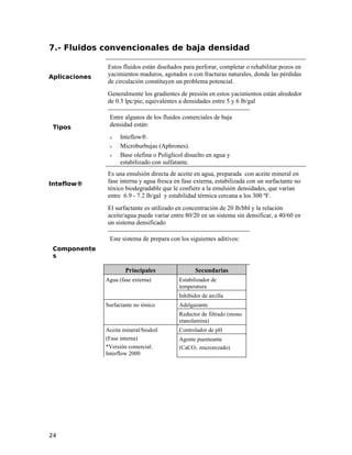 7.- Fluidos convencionales de baja densidad
Aplicaciones
Estos fluidos están diseñados para perforar, completar o rehabilitar pozos en
yacimientos maduros, agotados o con fracturas naturales, donde las pérdidas
de circulación constituyen un problema potencial.
Generalmente los gradientes de presión en estos yacimientos están alrededor
de 0.3 lpc/pie, equivalentes a densidades entre 5 y 6 lb/gal
Tipos
Entre algunos de los fluidos comerciales de baja
densidad están:
ν Inteflow®.
ν Microburbujas (Aphrones).
ν Base olefina o Poliglicol disuelto en agua y
estabilizado con sulfatante.
Inteflow®
Es una emulsión directa de aceite en agua, preparada con aceite mineral en
fase interna y agua fresca en fase externa, estabilizada con un surfactante no
tóxico biodegradable que le confiere a la emulsión densidades, que varían
entre 6.9 - 7.2 lb/gal y estabilidad térmica cercana a los 300 ºF.
El surfactante es utilizado en concentración de 20 lb/bbl y la relación
aceite/agua puede variar entre 80/20 en un sistema sin densificar, a 40/60 en
un sistema densificado
Componente
s
Este sistema de prepara con los siguientes aditivos:
Principales Secundarias
Agua (fase externa) Estabilizador de
temperatura
Inhibidor de arcilla
Surfactante no iónico Adelgazante
Reductor de filtrado (mono
etanolamina)
Aceite mineral/biodoil
(Fase interna)
*Versión comercial:
Interflow 2000
Controlador de pH
Agente puenteante
(CaCO3 micronizado)
24
 