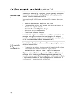Clasificación según su utilidad (continuación)
Estabilizante
s
Los polímeros estabilizan las formaciones sensibles al agua, al disminuir en
forma efectiva la invasión de la fase líquida hacia la formación, cuando el
fluido es sometido a una presión diferencial.
Los mecanismos de inhibición que permite estabilizar la pared de un pozo
son:
ν Adsorción de polímeros en la superficie de la arcilla.
ν Taponamiento de los poros de la pared de la formación por glicoles, al
alcanzar éstos su punto de niebla.
ν Reducción de la actividad química del agua.
ν Aumento de la viscosidad del filtrado.
ν Formación de puentes de hidrogeno.
La combinación de polímeros estabilizantes con sistemas que contienen sales
de potasio, se ha utilizado con mucho éxito en la perforación de lutitas
inestables. Los polímeros más comúnmente utilizados para estabilizar lutitas
son las poliacrilamidas parcialmente hidrolizadas (PHPA).
Defloculante
s o
Adelgazantes
La acción defloculante de los polímeros aniónicos se puede explicar con base
en dos mecanismos a saber:
ν Por adsorción del polímero sobre los bordes de las partículas de arcilla y
consecuentemente la neutralización de las cargas positivas
ν Por repulsión de las partículas, debido a su polarización negativa.
El proceso de defloculación y adelgazamiento se diferencia del proceso de
dispersión, en que el defloculante, separa las partículas en aglomerados
ordenados, mientras que los dispersantes, producen incialmente defloculación
y luego separan y dispersan las partículas permitiendo en muchos casos, su
fraccionamiento y la acumulación de sólidos finos.
10
 