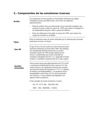 2.- Componentes de las emulsiones inversas
Aceite
Las emulsiones inversas pueden ser formuladas utilizando una amplia
variedad de aceites que deben tener, entre otras, las siguientes
especificaciones:
ν Punto de anilina: Este esta relacionado con el contenido aromático que
contiene el aceite y debe ser mayor de 140ºF para reducir el desgaste en
las empacaduras de goma, sellos y gomas de tuberías.
ν Punto de inflamación: Este debe ser mayor de 180ºF para reducir los
riesgos de incendio en el taladro.
Tipos
Entre los diferentes tipos de aceites utilizados por la industria para formular
emulsiones inversas, se tienen:
Gas Oil
El gas oíl era el aceite usado con mayor frecuencia para
formular emulsiones inversas hasta 1998. Sin embrago,
fue reemplazado definitivamente por los aceites
minerales a partir de 1999, porque además de ser
tóxico y contaminante por su alto contenido de
aromáticos (alrededor del 25% v/v), impactaba la fauna
acuática y retardaba la regeneración de la capa vegetal.
Aceites
minerales
Estos aceites tienen gravedad especifica de 0.79 a 0.84
y coeficiente de lubricidad de más o menos 0.15. Son
menos tóxicos a los organismos marinos por contener
una fracción mínima de aromáticos (<1% v/v). Además
de limpios son biodegradables y no producen olores
desagradables como el gas oil. Los aceite minerales
son costosos y a veces resultan incompatibles con
algunos aditivos químicos.
Como ejemplo de aceites minerales se tienen:
KL–55; LVT–200; ESCAID–100;
HDF – 200; BIODOIL; VASSA
 