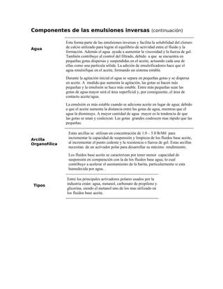 Componentes de las emulsiones inversas (continuación)
Agua
Esta forma parte de las emulsiones inversas y facilita la solubilidad del cloruro
de calcio utilizado para lograr el equilibrio de actividad entre el fluido y la
formación. Además el agua ayuda a aumentar la viscosidad y la fuerza de gel.
También contribuye al control del filtrado, debido a que se encuentra en
pequeñas gotas dispersas y suspendidas en el aceite, actuando cada una de
ellas como una partícula sólida. La adición de emulsificadores hace que el
agua emulsifique en el aceite, formando un sistema estable.
Durante la agitación inicial el agua se separa en pequeñas gotas y se dispersa
en aceite. A medida que aumenta la agitación, las gotas se hacen más
pequeñas y la emulsión se hace más estable. Entre más pequeñas sean las
gotas de agua mayor será el área superficial y, por consiguiente, el área de
contacto aceite/agua.
La emulsión es más estable cuando se adiciona aceite en lugar de agua; debido
a que el aceite aumenta la distancia entre las gotas de agua, mientras que el
agua la disminuye. A mayor cantidad de agua mayor es la tendencia de que
las gotas se unan y coalezcan. Las gotas grandes coalescen mas rápido que las
pequeñas.
Arcilla
Organofílica
Estas arcillas se utilizan en concentración de 1.0 – 5.0 lb/bbl para
incrementar la capacidad de suspensión y limpieza de los fluidos base aceite,
al incrementar el punto cedente y la resistencia o fuerza de gel. Estas arcillas
necesitan de un activador polar para desarrollar su máximo rendimiento.
Los fluidos base aceite se caracterizan por tener menor capacidad de
suspensión en comparación con la de los fluidos base agua, lo cual
contribuye a acelerar el asentamiento de la barita, particularmente si esta
humedecida por agua. .
Tipos
Entre los principales activadores polares usados por la
industria están: agua, metanol, carbonato de propileno y
glicerina, siendo el metanol uno de los mas utilizado en
los fluidos base aceite.
 