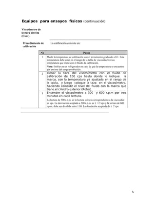 Equipos para ensayos físicos (continuación)
Viscosímetro de
lectura directa
(Cont)
Procedimiento de
calibración
La calibración consiste en:
No Pasos
1 Medir la temperatura de calibración con el termómetro graduado a 0.1. Esta
temperatura debe estar en el rango de la tabla de viscosidad versus
temperatura que viene con el fluido de calibración.
Nota: Enfriar en un refrigerador en caso de que la temperatura se encuentre
por encima del rango establecido.
2 Llenar la taza del viscosímetro con el fluido de
calibración de 100 cps hasta donde lo indique la
marca, con la temperatura ya ajustada en el rango de
la tabla, y luego coloque la taza en el viscosímetro,
haciendo coincidir el nivel del fluido con la marca que
tiene el cilindro exterior (Rotor).
3 Encender el viscosímetro a 300 y 600 r.p.m por tres
minutos en cada lectura.
La lectura de 300 r.p.m. es la lectura teórica correspondiente a la viscosidad
en cps. La desviación aceptada a 300 r.p.m. es ± 1.5 cps y la lectura de 600
r.p.m. debe ser dividida entre 1.98. La desviación aceptada de ± 2 cps
5
 