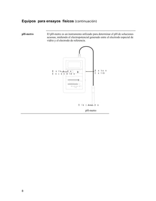 Equipos para ensayos físicos (continuación)
pH-metro El pH-metro es un instrumento utilizado para determinar el pH de soluciones
acuosas, midiendo el electropotencial generado entre el electrodo especial de
vidrio y el electrodo de referencia.
O N / O F F
S T A N D A R D I Z E
B A R N A N T
2 0
T E M P . ° C
P H / m V S l o p e
B o t o n d e
E n c e n d i d o
B o t o n d e
C a l i b r a c i ó n
E l e c t r o d o
pH-metro
8
 