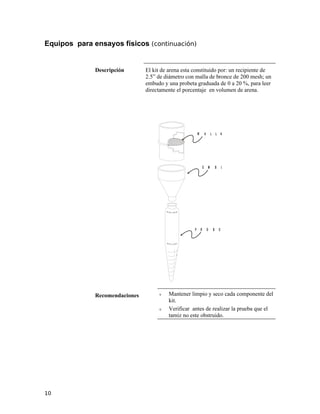 Equipos para ensayos físicos (continuación)
Descripción El kit de arena esta constituido por: un recipiente de
2.5” de diámetro con malla de bronce de 200 mesh; un
embudo y una probeta graduada de 0 a 20 %, para leer
directamente el porcentaje en volumen de arena.
2 0
1 0
5
4
3
2
1
P R O B E T A
M A L L A 2 0 0
E M B U D O
Recomendaciones ν Mantener limpio y seco cada componente del
kit.
ν Verificar antes de realizar la prueba que el
tamiz no este obstruido.
10
 