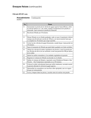 Ensayos físicos (continuación)
Filtrado HP-HT cont.
Procedimiento
(Cont.)
Continuación:
No Pasos
11 Incrementar la presión de la válvula de aguja superior hasta 600 psi y abrir
la válvula inferior un ¼ de vuelta, cuando la temperatura de la prueba es
alcanzada. Aquí comienza la prueba de filtración.
12 Recolectar filtrado por 30 minutos.
13 Drenar filtrado en un cilindro graduado, cada vez que el manómetro inferior
marque una división por encima de 100 psi y así sucesivamente hasta que
se cumplan los 30 minutos que exige la prueba.
14 Cerrar las dos válvulas de aguja firmemente, cuando hayan transcurrido los
30 minutos.
15 Sacar el remanente de filtrado que pudo haber quedado en el tubo recibidor.
16 Aflojar las válvulas de ambos reguladores de presión y sacar la presión por
las válvulas de alivio (en ese momento, existe una presión de 500 psi dentro
de la celda).
17 Quitar los anillos retenedores y las unidades reguladoras de presión
18 Registrar el volumen de filtrado recolectado en el cilindro
19 Doblar el volumen de filtrado y reportarlo como Pérdida de Filtrado a Alta
Presión – Alta Temperatura expresados en cc/30 minutos.
20. Colocar la celda verticalmente hasta que enfríe totalmente, acostada sacarle
la presión abriendo la válvula de aguja superior.
21 Destornillar los retenedores con una llave allen apropiada, una vez seguro
de que no exista presión.
22 Lavar y limpiar todas las piezas y secarlas antes de realizar otra prueba
 