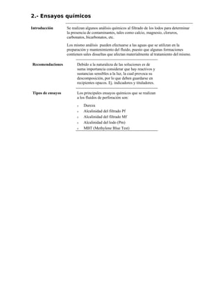 2.- Ensayos químicos
Introducción Se realizan algunos análisis químicos al filtrado de los lodos para determinar
la presencia de contaminantes, tales como calcio, magnesio, cloruros,
carbonatos, bicarbonatos, etc.
Los mismo análisis pueden efectuarse a las aguas que se utilizan en la
preparación y mantenimiento del fluido, puesto que algunas formaciones
contienen sales disueltas que afectan materialmente al tratamiento del mismo.
Recomendaciones Debido a la naturaleza de las soluciones es de
suma importancia considerar que hay reactivos y
sustancias sensibles a la luz, la cual provoca su
descomposición, por lo que deben guardarse en
recipientes opacos. Ej. indicadores y tituladores.
Tipos de ensayos Los principales ensayos químicos que se realizan
a los fluidos de perforación son:
ν Dureza
ν Alcalinidad del filtrado Pf
ν Alcalinidad del filtrado Mf
ν Alcalinidad del lodo (Pm)
ν MBT (Methylene Blue Test)
 