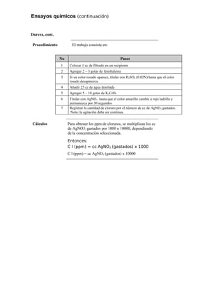 Ensayos químicos (continuación)
Dureza, cont.
Procedimiento El trabajo consiste en:
No Pasos
1 Colocar 1 cc de filtrado en un recipiente
2 Agregar 2 – 3 gotas de fenoltaleina
3 Si un color rosado aparece, titular con H2SO4 (0.02N) hasta que el color
rosado desaparezca.
4 Añadir 25 cc de agua destilada
5 Agregar 5 – 10 gotas de K2CrO4
6 Titular con AgNO3 hasta que el color amarillo cambie a rojo ladrillo y
permanezca por 30 segundos
7 Registrar la cantidad de cloruro por el número de cc de AgNO3 gastados.
Nota: la agitación debe ser continua.
Cálculos Para obtener los ppm de cloruros, se multiplican los cc
de AgNO33 gastados por 1000 o 10000, dependiendo
de la concentración seleccionada.
Entonces:
C l (ppm) = cc AgNO3 (gastados) x 1000
C l (ppm) = cc AgNO3 (gastados) x 10000
 