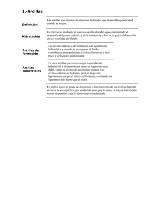 1.-Arcillas
Definición
Las arcillas son silicatos de aluminio hidratado, que desarrollan plasticidad
cuando se mojan.
Hidratación
Es el proceso mediante el cual una arcilla absorbe agua, permitiendo el
desarrollo del punto cedente, y de la resistencia o fuerza de gel y el desarrollo
de la viscosidad del fluido.
Arcillas de
formación
Las arcillas nativas o de formación son ligeramente
hidratables y cuando se incorporan al fluido,
contribuyen principalmente a la fracción inerte y muy
poco a la fracción gelatinizante.
Arcillas
comerciales
Existen arcillas que tienen mayor capacidad de
hidratación y dispersión por tener un ligamento más
débil, como es el caso de las arcillas sódicas. Las
arcillas cálcicas se hidratan, pero se dispersan
ligeramente porque el calcio es bivalente, resultando un
ligamento más fuerte que el sodio.
En ambos casos el grado de dispersión o hinchamiento de las arcillas depende
del área de su superficie por unidad de peso, por lo tanto, a mayor hidratación
mayor dispersión y por lo tanto mayor rendimiento.
 