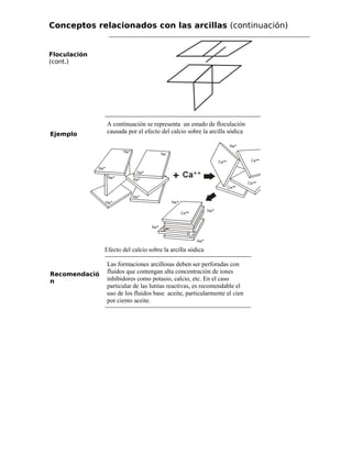 Conceptos relacionados con las arcillas (continuación)
Floculación
(cont.)
Ejemplo
A continuación se representa un estado de floculación
causada por el efecto del calcio sobre la arcilla sódica
Efecto del calcio sobre la arcilla sódica
Recomendació
n
Las formaciones arcillosas deben ser perforadas con
fluidos que contengan alta concentración de iones
inhibidores como potasio, calcio, etc. En el caso
particular de las lutitas reactivas, es recomendable el
uso de los fluidos base aceite, particularmente el cien
por ciento aceite.
 