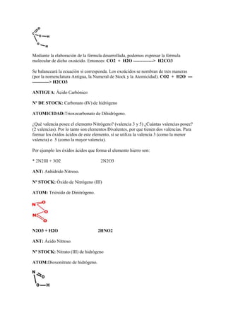 Mediante la elaboración de la fórmula desarrollada, podemos expresar la fórmula
molecular de dicho oxoácido. Entonces: CO2 + H2O -------------> H2CO3
Se balanceará la ecuación si corresponda. Los oxoácidos se nombran de tres maneras
(por la nomenclatura Antigua, la Numeral de Stock y la Atomicidad). CO2 + H2O ---
-----------> H2CO3
ANTIGUA: Ácido Carbónico
Nº DE STOCK: Carbonato (IV) de hidrógeno
ATOMICIDAD:Trioxocarbonato de Dihidrógeno.
¿Qué valencia posee el elemento Nitrógeno? (valencia 3 y 5) ¿Cuántas valencias posee?
(2 valencias). Por lo tanto son elementos Divalentes, por que tienen dos valencias. Para
formar los óxidos ácidos de este elemento, sí se utiliza la valencia 3 (como la menor
valencia) o 5 (como la mayor valencia).
Por ejemplo los óxidos ácidos que forma el elemento hierro son:
* 2N2III + 3O2 2N2O3
ANT: Anhídrido Nitroso.
Nº STOCK: Óxido de Nitrógeno (III)
ATOM: Trióxido de Dinitrógeno.
N2O3 + H2O 2HNO2
ANT: Ácido Nitroso
Nº STOCK: Nitrato (III) de hidrógeno
ATOM:Dioxonitrato de hidrógeno.
 