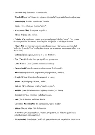 - Escandio (Sc): de Scandia (Escandinavia).
- Titanio (Ti): de los Titanes, los primeros hijos de la Tierra según la mitología griega.
- Vanadio (V): de diosa escandinava Vanadis.
- Cromo (Cr): del griego chroma, "color".
- Manganeso (Mn): de magnes, magnético.
- Hierro (Fe): del latín ferrum.
- Cobalto (Co): según una versión, proviene del griego kobalos, "mina". Otra versión
dice que proviene del nombre de un espíritu maligno de la mitología alemana.
- Niquel (Ni): proviene del término sueco kopparnickel y del alemán kupfernickel,
"cobre del demonio Nick" o cobre falso (metal que aparece en las minas de cobre, pero
no es cobre).
- Cobre (Cu): de cuprum, nombre de la isla de Chipre.
- Zinc (Zn): del alemán zink, que significa origen oscuro.
- Galio (Ga): de Gallia (nombre romano de Francia).
- Germanio (Ge): de Germania (nombre romano de Alemania).
- Arsénico (As):arsenikon, oropimente (auripigmentum) amarillo.
- Selenio (Se): de Selene (nombre griego de la Luna).
- Bromo (Br): del griego bromos, "hedor".
- Kriptón (Kr): del griego kryptos, "oculto, secreto".
- Rubidio (Rb): del latín rubidius, rojo muy intenso (a la llama).
- Estroncio (Sr): de Strontian, ciudad de Escocia.
- Itrio (Y): de Ytterby, pueblo de Suecia.
- Circonio o Zirconio (Zr): del árabe zargun, "color dorado".
- Niobio (Nb): de Níobe (hija de Tántalo).
- Molibdeno (Mo): de molybdos, "plomo". (Al parecer, los primeros químicos lo
confundieron con mena de plomo).
- Tecnecio (Tc): de technetos, "artificial", porque fue uno de los primeros sintetizados.
 