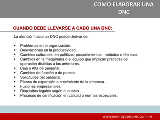 12
www.monroyasesores.com.mx
COMO ELABORAR UNA
DNC
CUANDO DEBE LLEVARSE A CABO UNA DNC:
La atención hacia un DNC puede derivar de:
 Problemas en la organización.
 Desviaciones en la productividad.
 Cambios culturales, en políticas, procedimientos, métodos o técnicas.
 Cambios en la maquinaria o el equipo que implican prácticas de
operación distintas a las anteriores.
 Baja o Alta de personal.
 Cambios de función o de puesto.
 Solicitudes del personal.
 Planes de expansión o crecimiento de la empresa.
 Fusiones empresariales.
 Requisitos legales según el puesto.
 Procesos de certificación en calidad o normas especiales.
 