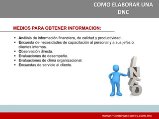 14
www.monroyasesores.com.mx
COMO ELABORAR UNA
DNC
MEDIOS PARA OBTENER INFORMACION:
 Análisis de información financiera, de calidad y productividad.
 Encuesta de necesidades de capacitación al personal y a sus jefes o
clientes internos.
 Observación directa.
 Evaluaciones de desempeño.
 Evaluaciones de clima organizacional.
 Encuestas de servicio al cliente.
 