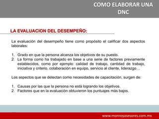 303030
www.monroyasesores.com.mx
COMO ELABORAR UNA
DNC
LA EVALUACION DEL DESEMPEÑO:
La evaluación del desempeño tiene como propósito el calificar dos aspectos
laborales:
1. Grado en que la persona alcanza los objetivos de su puesto.
2. La forma como ha trabajado en base a una serie de factores previamente
establecidos, como por ejemplo: calidad de trabajo, cantidad de trabajo,
iniciativa y criterio, colaboración en equipo, servicio al cliente, liderazgo…
Los aspectos que se detectan como necesidades de capacitación, surgen de:
1. Causas por las que la persona no está logrando los objetivos.
2. Factores que en la evaluación obtuvieron los puntuajes más bajos.
 