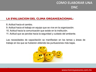 333333
www.monroyasesores.com.mx
COMO ELABORAR UNA
DNC
LA EVALUACION DEL CLIMA ORGANIZACIONAL:
8. Actitud hacia el cambio.
9. Actitud hacia el trabajo en equipo que se vive en la organización.
10. Actitud hacia la comunicación que existe en la institución.
11. Actitud que se percibe hacia la seguridad y cuidado del ambiente.
Las necesidades de capacitación se manifiestan en los temas y áreas de
trabajo en los que se hubieren obtenido las puntuaciones más bajas.
 
