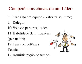 8. Trabalho em equipe / Valoriza seu time;
9. Delega;
10.Voltado para resultados;
11.Habilidade de Influenciar
Competências chaves de um Líder:Competências chaves de um Líder:
11.Habilidade de Influenciar
(persuadir);
12.Tem competência
Técnica;
12.Administração de tempo.
 