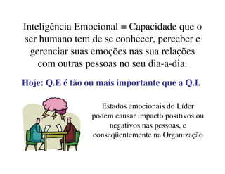 Inteligência Emocional = Capacidade que o
ser humano tem de se conhecer, perceber e
gerenciar suas emoções nas sua relações
com outras pessoas no seu dia-a-dia.
Hoje: Q.E é tão ou mais importante que a Q.I.Hoje: Q.E é tão ou mais importante que a Q.I.
Estados emocionais do Líder
podem causar impacto positivos ou
negativos nas pessoas, e
conseqüentemente na Organização
 