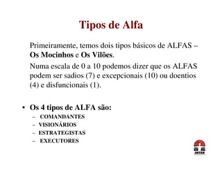 Primeiramente, temos dois tipos básicos de ALFAS –
Os Mocinhos e Os Vilões.
Numa escala de 0 a 10 podemos dizer que os ALFAS
podem ser sadios (7) e excepcionais (10) ou doentios
(4) e disfuncionais (1).
Tipos de AlfaTipos de Alfa
(4) e disfuncionais (1).
• Os 4 tipos de ALFA são:
– COMANDANTES
– VISIONÁRIOS
– ESTRATEGISTAS
– EXECUTORES
 