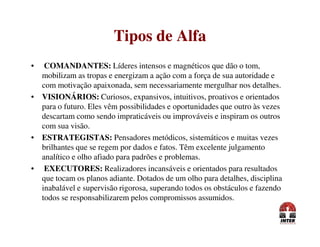 • COMANDANTES: Líderes intensos e magnéticos que dão o tom,
mobilizam as tropas e energizam a ação com a força de sua autoridade e
com motivação apaixonada, sem necessariamente mergulhar nos detalhes.
• VISIONÁRIOS: Curiosos, expansivos, intuitivos, proativos e orientados
para o futuro. Eles vêm possibilidades e oportunidades que outro às vezes
descartam como sendo impraticáveis ou improváveis e inspiram os outros
com sua visão.
Tipos de AlfaTipos de Alfa
com sua visão.
• ESTRATEGISTAS: Pensadores metódicos, sistemáticos e muitas vezes
brilhantes que se regem por dados e fatos. Têm excelente julgamento
analítico e olho afiado para padrões e problemas.
• EXECUTORES: Realizadores incansáveis e orientados para resultados
que tocam os planos adiante. Dotados de um olho para detalhes, disciplina
inabalável e supervisão rigorosa, superando todos os obstáculos e fazendo
todos se responsabilizarem pelos compromissos assumidos.
 