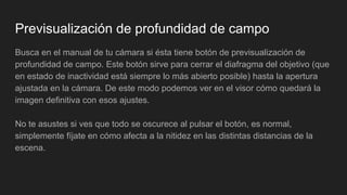 Previsualización de profundidad de campo
Busca en el manual de tu cámara si ésta tiene botón de previsualización de
profundidad de campo. Este botón sirve para cerrar el diafragma del objetivo (que
en estado de inactividad está siempre lo más abierto posible) hasta la apertura
ajustada en la cámara. De este modo podemos ver en el visor cómo quedará la
imagen definitiva con esos ajustes.
No te asustes si ves que todo se oscurece al pulsar el botón, es normal,
simplemente fíjate en cómo afecta a la nitidez en las distintas distancias de la
escena.
 