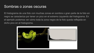 Sombras o zonas oscuras
El histograma de una foto con muchas zonas en sombra o gran parte de la foto en
negro se caracteriza por tener un pico en el extremo izquierdo del histograma. En
el ejemplo podemos ver cómo toda la zona negra de la foto queda reflejada en
dicho pico en el histograma.
 
