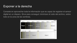 Exponer a la derecha
Consiste en aprovechar toda la información que es capaz de registrar el sensor
digital en un disparo. Sirve para conseguir minimizar el ruido del archivo, sobre
todo en la zona de las sombras.
 