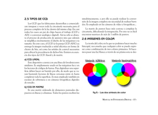 2.5 TIPOS DE CCD                                                 simultáneamente, y por ello se puede realizar la conver-
                                                                 sión de la imagen completa sin necesidad de realizar barri-
    Los CCD que los fabricantes desarrollan y comerciali-        dos. Es empleado en las cámaras de vídeo y fotográficas...
zan integran a veces toda la circuitería necesaria para el
proceso completo de la luz dentro del mismo chip. En casi            La matriz de puntos hace más costosa y compleja la
todos los casos un par de chips hacen el trabajo (CCD y          circuitería, dificultando la integración. Por esto no es fácil
ADC o conversor analógico-digital). Así no sólo se abara-        encontrar matrices de más de 1 millón de puntos.
ta el proceso de producción de aparatos sino que además          2.6 IMÁGENES EN COLOR
se simplifica enormemente el diseño de las máquinas y su
tamaño. En este caso, el CCD (o la pareja CCD-ADC) ya                La teoría del color, en la que no podemos hacer mucho
entrega la imagen traducida a señal eléctrica en forma de        hincapié, nos enseña que cualquier color se puede expre-
chorro de bits, así como las señales de control necesarias       sar como combinación de tres colores primarios. Si hace-
para ubicar la procedencia de dichos bits. Existen en esen-      mos pasar una luz blanca a través de un prisma esta se des-
cia dos tipos de CCD: lineal y de matriz.
a) CCD LINEAL
     Este dispositivo cuenta con una línea de fotodetectores
similares. Es ampliamente usado en las máquinas fax y en
los lectores de códigos de barras. Para digitalizar una super-
ficie deben hacer un barrido por ella, de modo que se va-
yan haciendo lecturas de líneas cercanas entre sí, hasta
completar toda la superficie. Es muy empleado también en
escáner de sobremesa y en cámaras fotográficas digitales
de estudio.
b) CCD EN MATRIZ
   Es una matriz ordenada de elementos puntuales dis-
puestos en líneas y columnas. Todos los puntos reciben luz                   fig 8.- Las dos síntesis de color


                                                                                        MANUAL DE FOTOGRAFÍA DIGITAL - 15 -
 